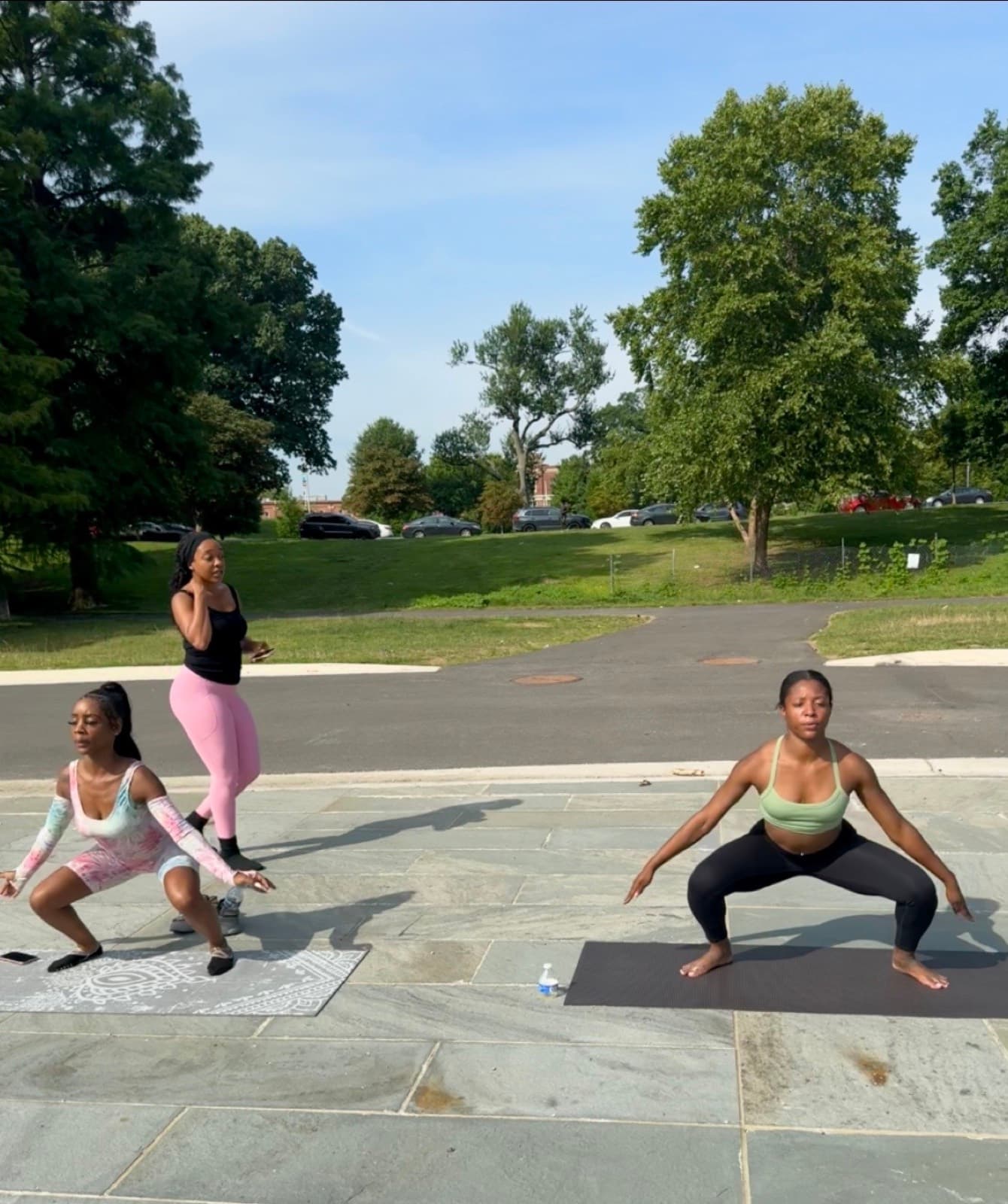 FitCamp members squatting in unison at Druid Hill Park